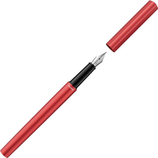 Pelikan Pană de Scris Medium Roșie din Oțel cu Cerneală Albastră