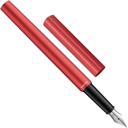 Pelikan Pană de Scris Medium Roșie din Oțel cu Cerneală Albastră