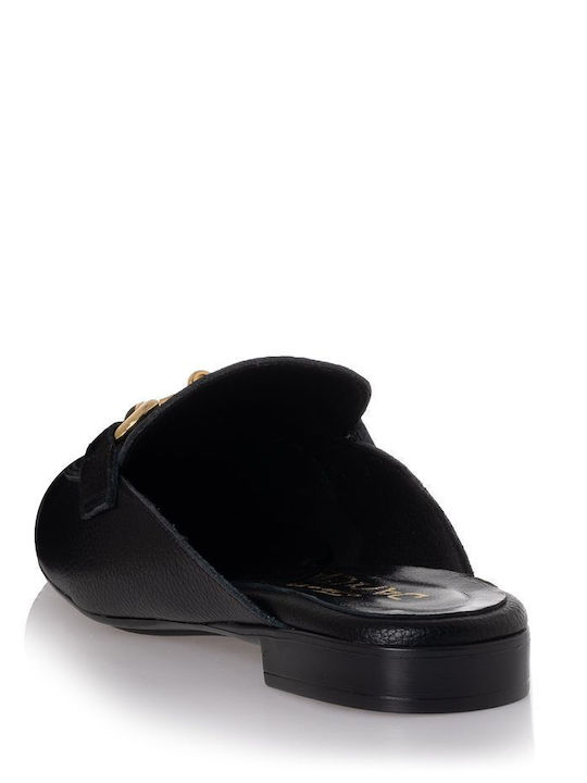Flat Leather Mules in Black Color