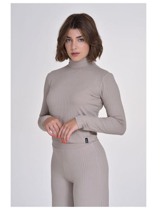 Target pentru Femei Crop Top Guler cu guler înalt cu Mâneci Lungi Gri