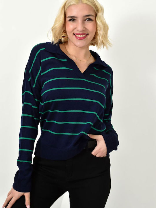 Damen Bluse Langärmelig Gestreift Marineblau