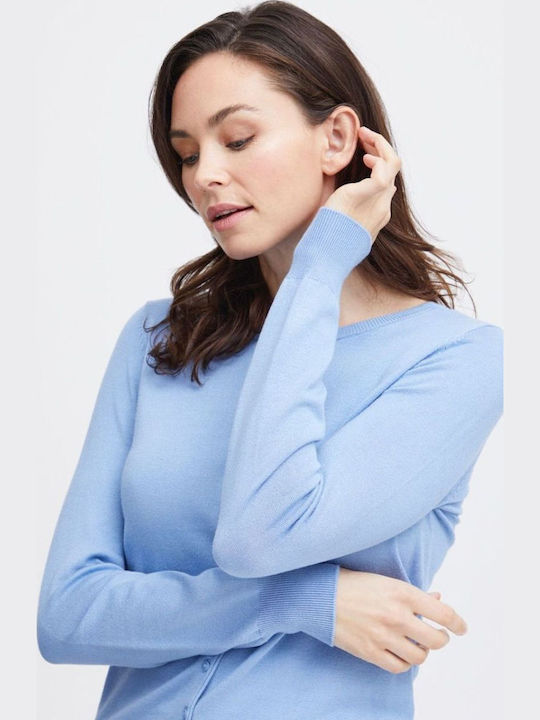 Lange Gestrickte Damen Strickjacke mit Knöpfen Hellblau