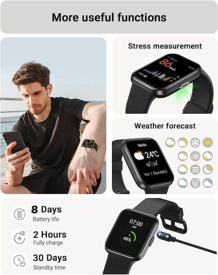 Tensky ID208 Plus Smartwatch mit Pulsmesser (Schwarz)