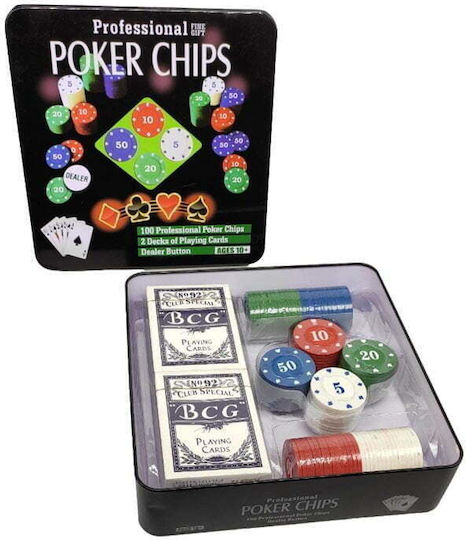 Poker Set Set 100 Poker Chips in Metallic Box with Deck