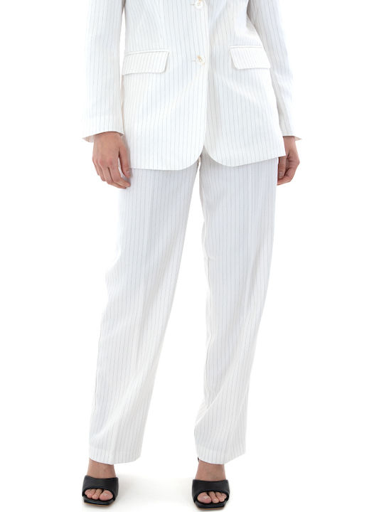 Only Damen Hoch tailliert Stoff Hose Straight Gestreift Beige