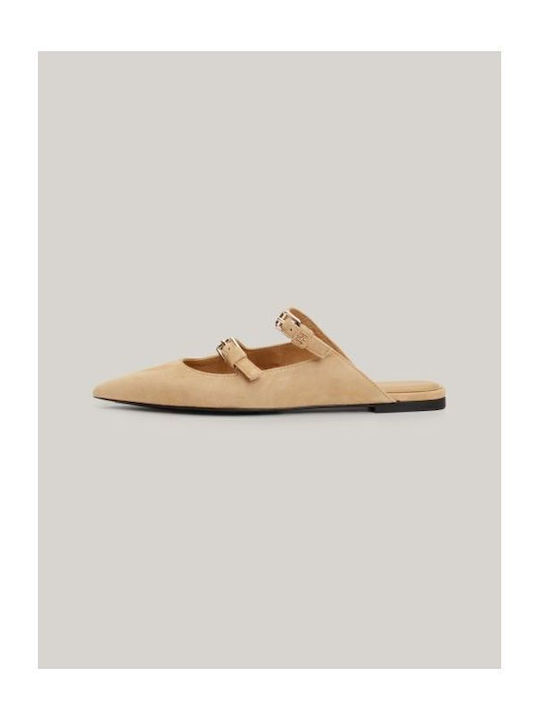 Suede Mules with Chunky High Heel in Khaki Color