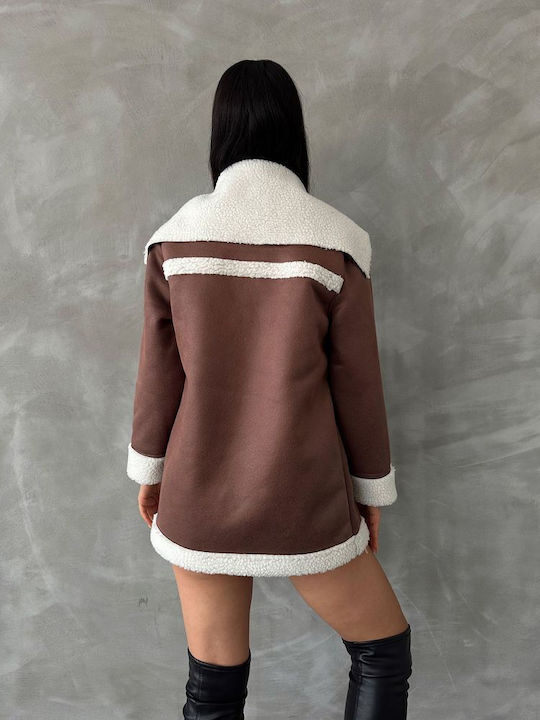 Women's Short Lifestyle Suede Jacket for Winter Brown