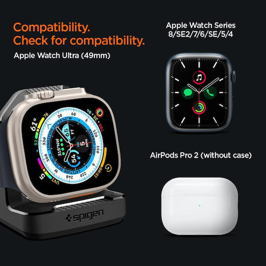 Spigen Rugged Armor Stand Ladegerät für Apple Watch Ultra2/Ultra 9/8/7/6/5/SE/4/3/2/1 Schwarzς
