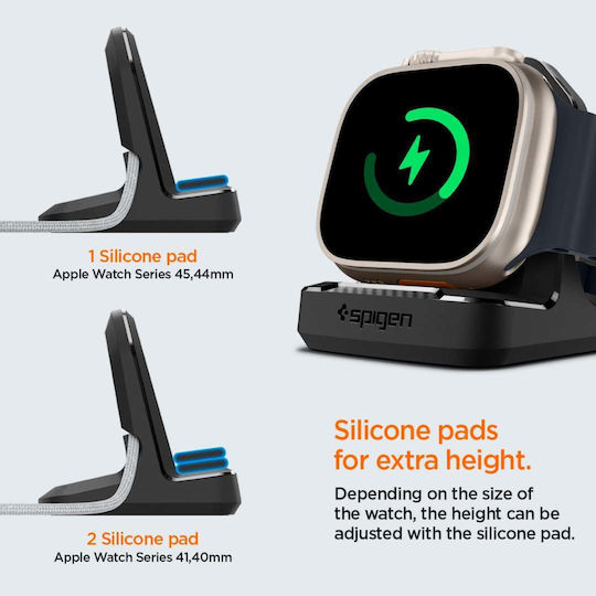 Spigen Rugged Armor Stand Ladegerät für Apple Watch Ultra2/Ultra 9/8/7/6/5/SE/4/3/2/1 Schwarzς