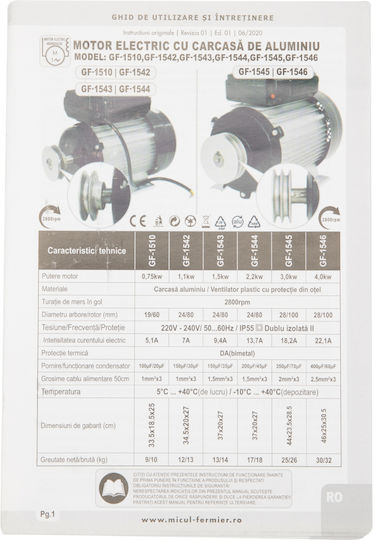 Cu o singură fază Motor electric 2.2hp Maximă Rotații 2800rpm 220V