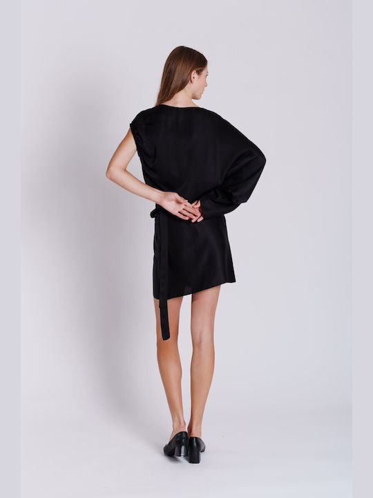 Collectiva Noir Satin High Waist Mini Envelope Skirt in Black color
