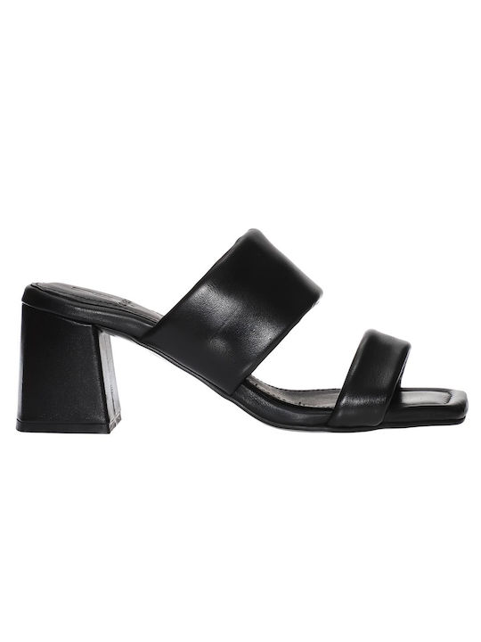 Malena Leather Women's Sandals Black with Chunky Medium Heel