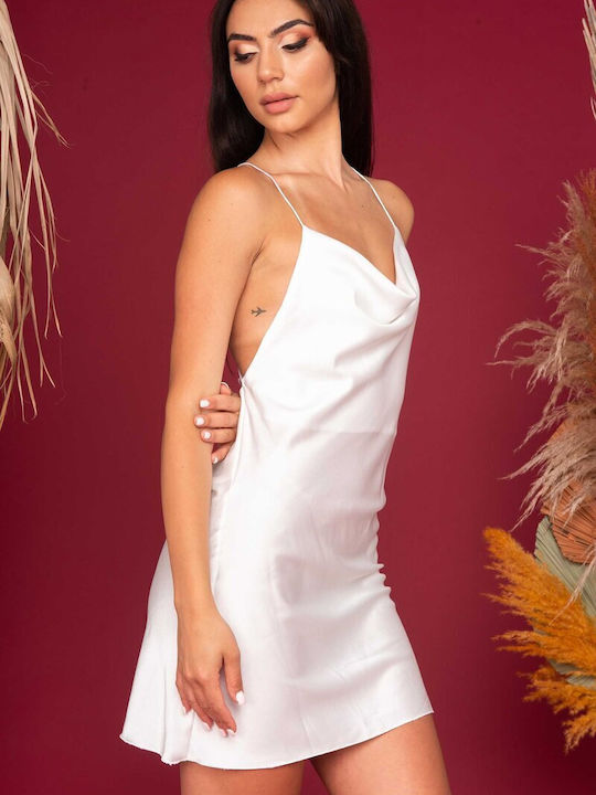 Iguana Mini Βραδινό Φόρεμα Σατέν Εξώπλατο Λευκό