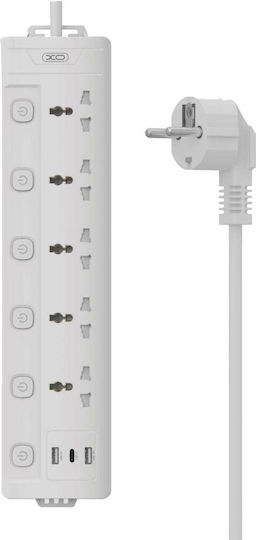 XO Πολύπριζο 5 Θέσεων με 2 USB-A, 1 USB-C, Διακόπτη και Καλώδιο 2m