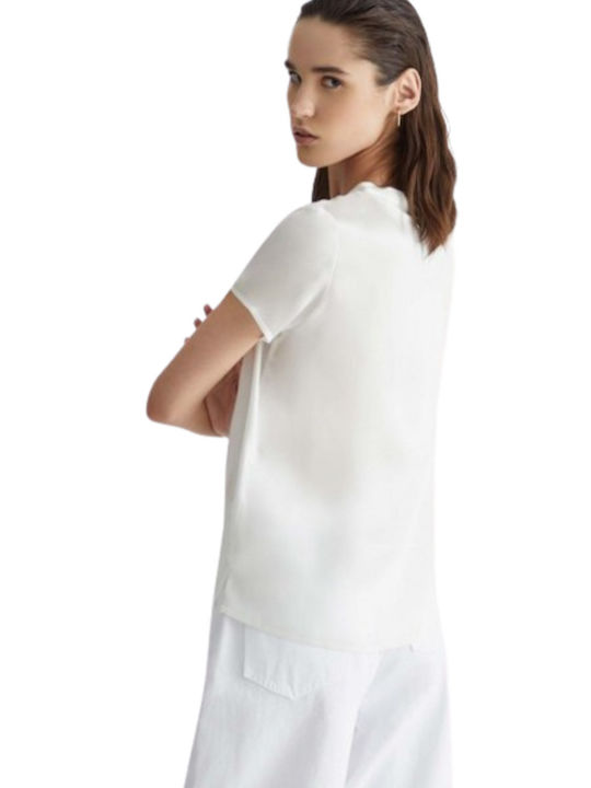 Liu Jo Women's Summer Blouse Satin Short Sleeve with V Neckline White