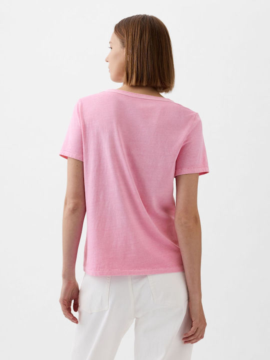 GAP Γυναικεία Καλοκαιρινή Μπλούζα Βαμβακερή Κοντομάνικη με V Λαιμόκοψη Ροζ