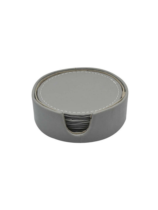 Ankor Round PU Gray Coasters with Stand 10cm 6pcs