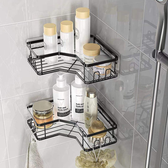 Corner Wall Mounted Bathroom Shelf Metallic with 2 Shelves Black