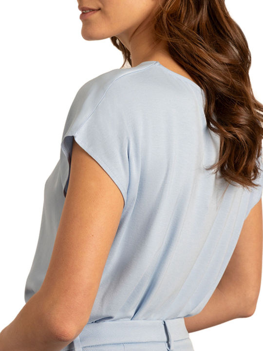 MORE & MORE Women's Summer Blouse Satin Short Sleeve Blue