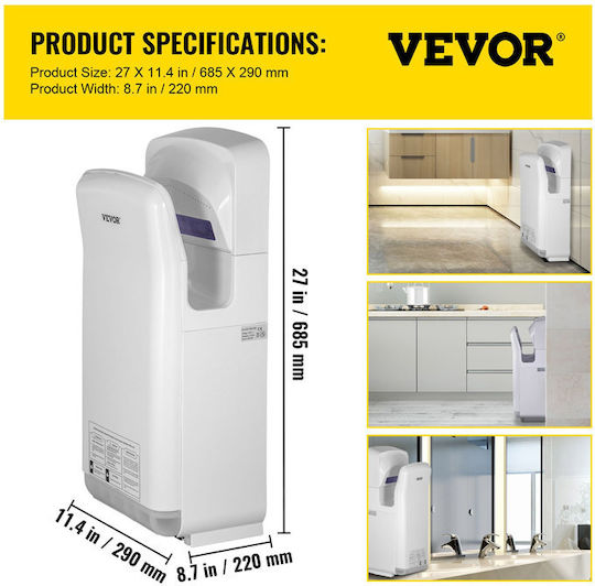 Vevor Plastic Hand Dryer with Sensor in White Colour 2kW GSJLSGSPQSBS-Z774V2
