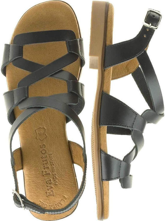Leather Women's Flat Sandals in Black Color