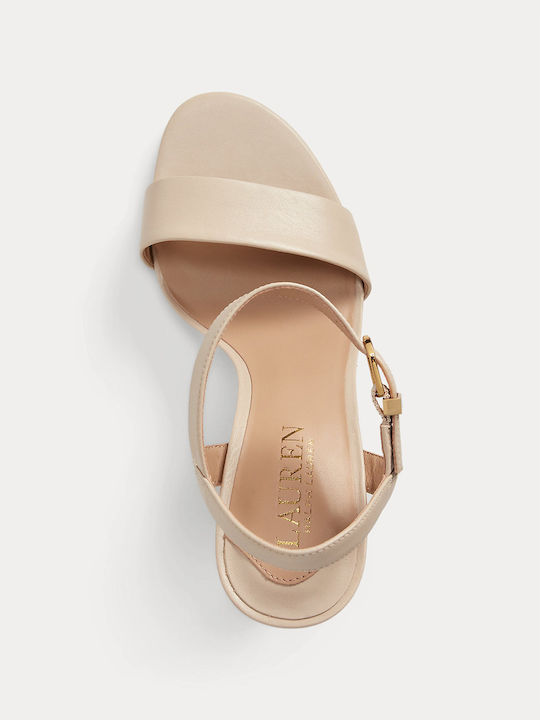 Leather Women's Sandals Beige with High Heel