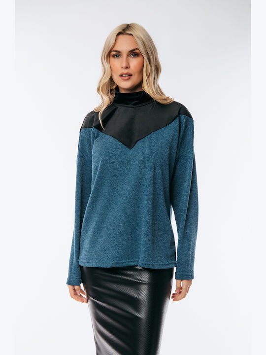 Dress Up Women's Blouse Long Sleeve Turtleneck Petrol