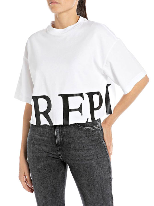 Replay Damen Crop T-Shirt Weiß