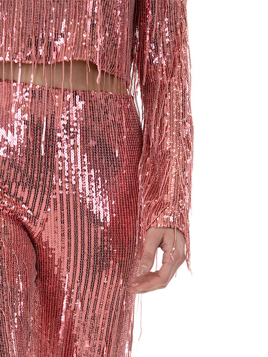 Women's High-waisted Fabric Trousers with Elastic in Regular Fit Pink with Sequins