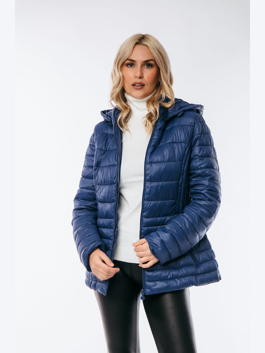 Dress Up Women's Short Puffer Jacket for Winter with Hood Blue