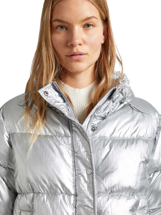 Morgan Κοντό Γυναικείο Puffer Μπουφάν για Χειμώνα Ασημί