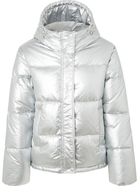 Morgan Κοντό Γυναικείο Puffer Μπουφάν για Χειμώνα Ασημί