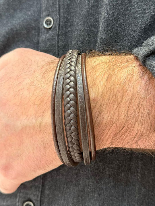 Men's steel bracelet with quadruple brown leather and safety clasp.