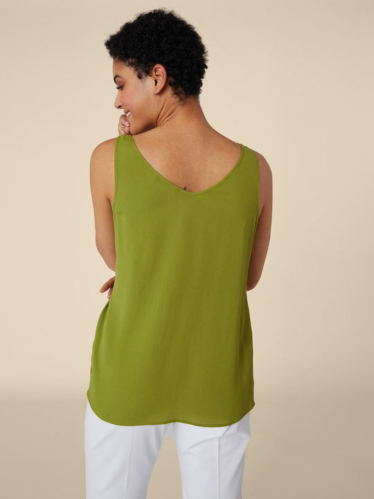 Elena Miro Women's Summer Blouse Cotton Sleeveless with V Neckline Green