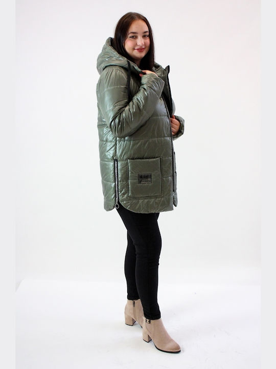 Brak Women's Short Puffer Jacket for Winter with Hood Khaki