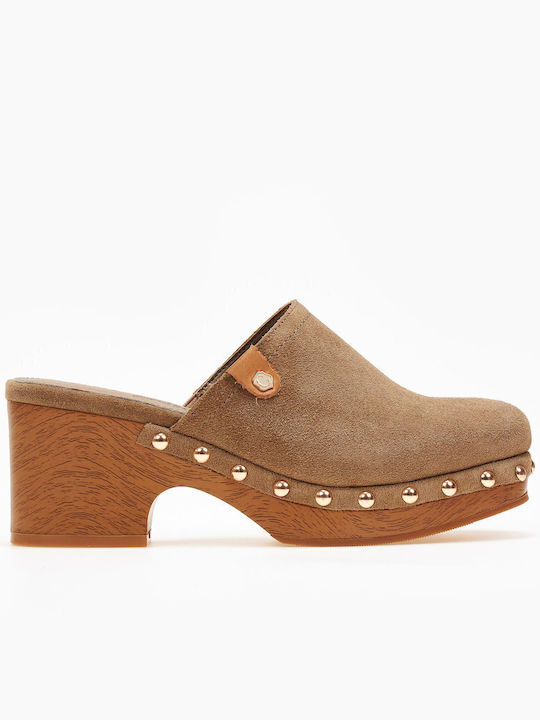 Leather Mules with Chunky High Heel in Brown Color