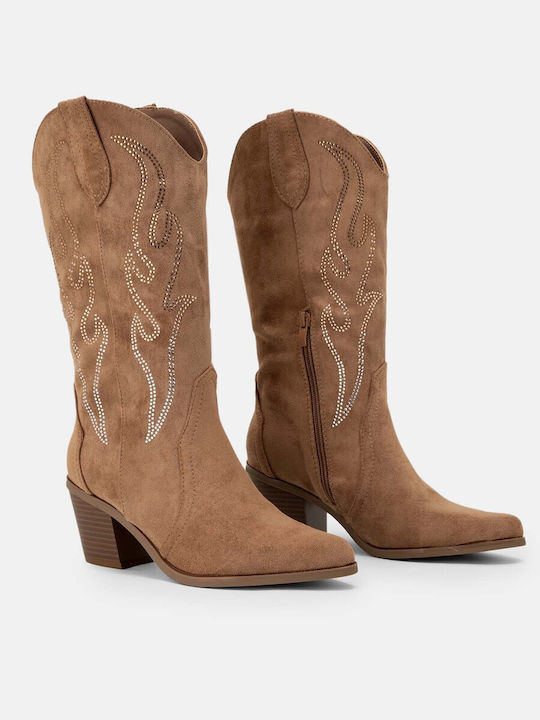 Bozikis Synthetic Leather Medium Heel Cowboy Boots with Zipper Brown