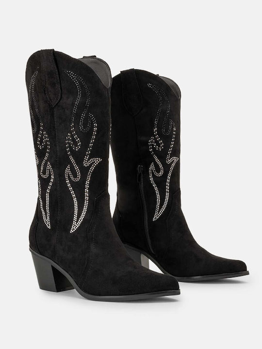 Bozikis Damenstiefel Cowboy mit mittlerem Absatz Schwarz