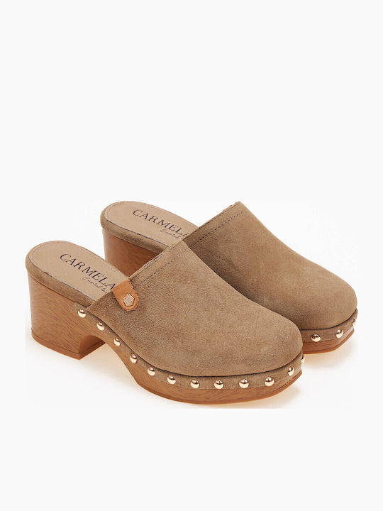 Leather Mules with Chunky High Heel in Brown Color