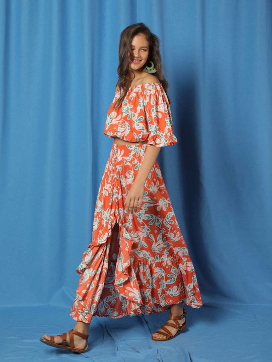 Set with Maxi Skirt Floral Orange