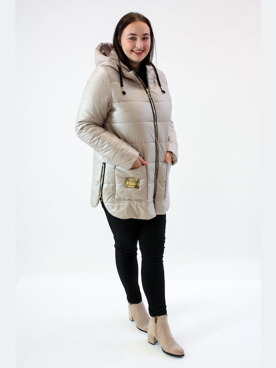 Brak Women's Short Puffer Jacket for Winter with Hood Beige