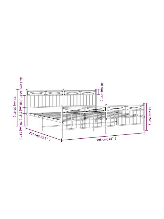 King Size Metal Bed White with Slats for Mattress 193x203cm