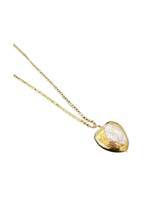 Cuoro Necklace with design Heart from Gold Plated Steel with Pearls