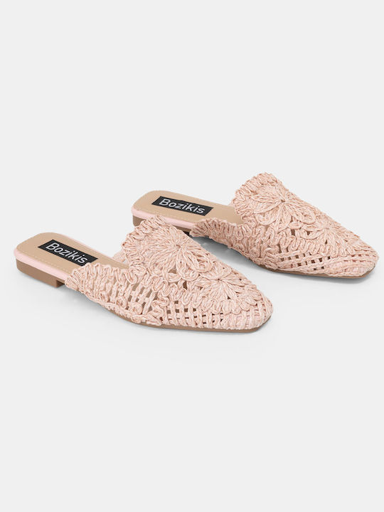 Bozikis Leder Mules mit Chunky Wohnung Absatz in Rosa Farbe