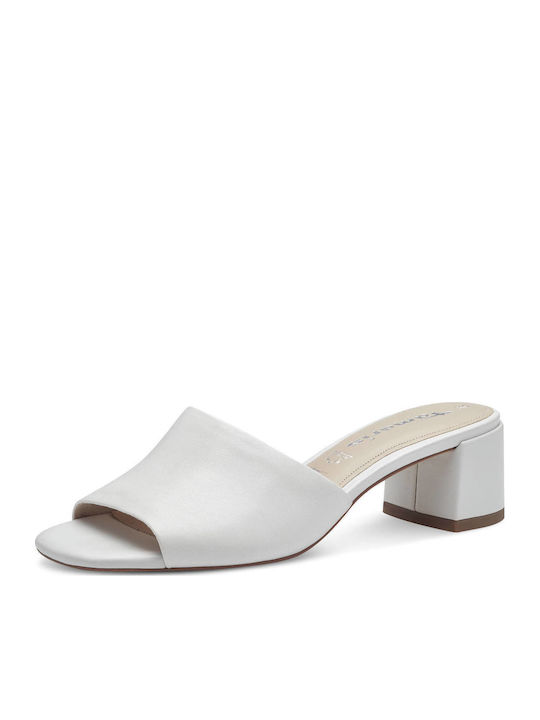 Leather Mules with Chunky Low Heel in White Color