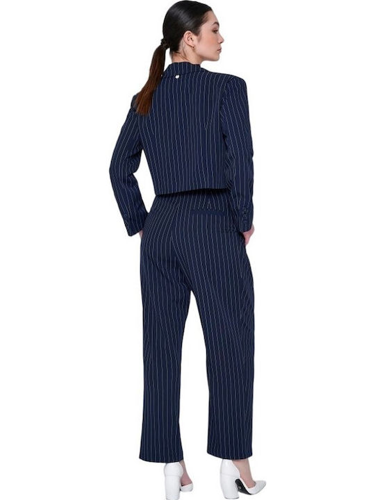 Women's Fabric Trousers Striped Navy Blue
