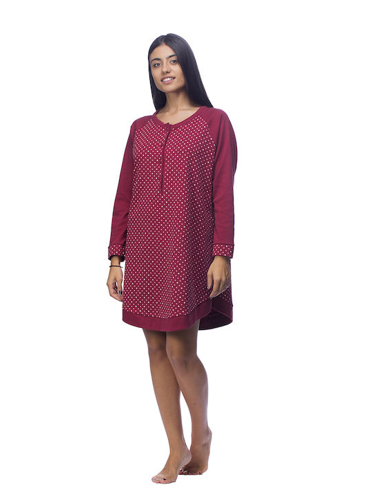 Zaboo Women's Winter Cotton Nightgown in A-line with Placket-ZB1048 Bordeaux