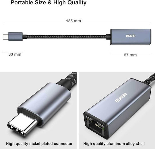 Benfei 269 Конвертор USB-C мъжки към RJ-45 женски Сив 1 брой