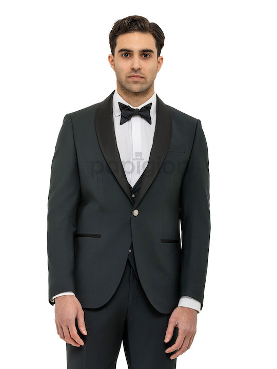 19V69 Men's Suit with Vest Dark Green