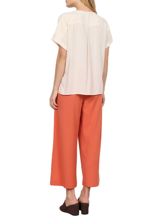 Women's Summer Blouse Short Sleeve with V Neckline Ecru
